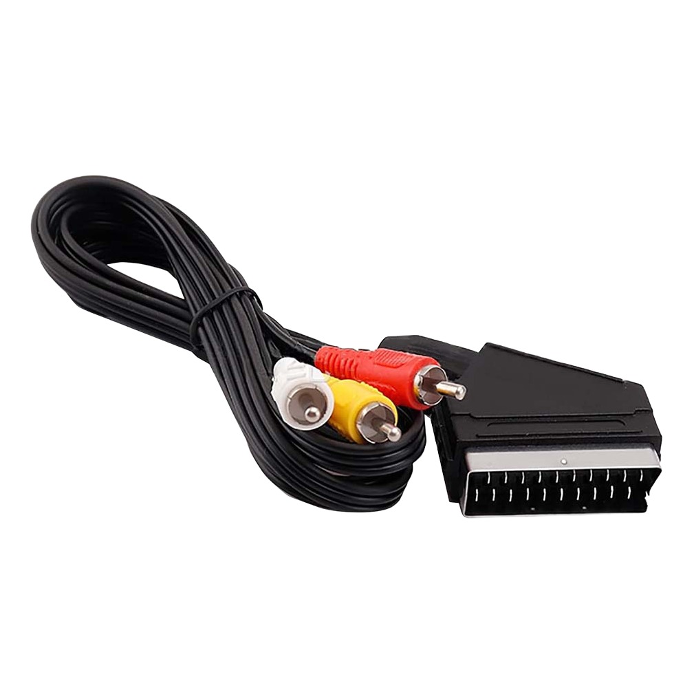 Câble adaptateur péritel RCA de 1,4 m, trois fiches vers péritel Câble adaptateur péritel RCA de 1,4 m, trois fiches vers péritel, vue de trois quarts
