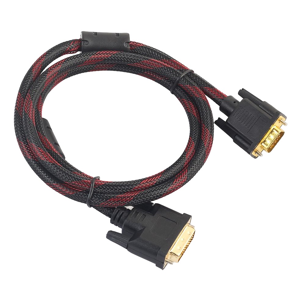 Câble DVI VGA tressé de 1,5 m, fiche DVI-I 24+5 mâle et VGA mâle Câble DVI VGA tressé de 1,5 m, fiche DVI-I 24+5 mâle et VGA mâle, vue de trois quarts