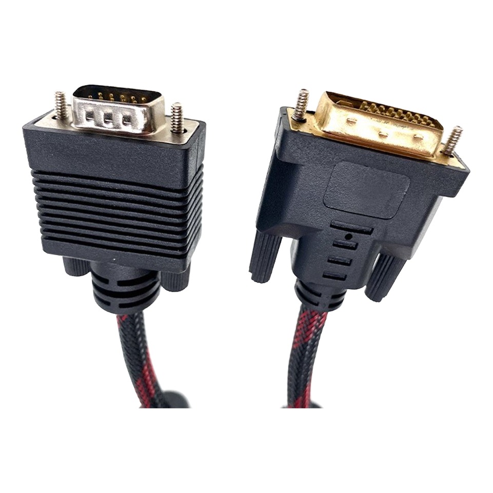 Câble DVI VGA tressé de 1,5 m, fiche DVI-I 24+5 mâle et VGA mâle Câble DVI VGA tressé de 1,5 m, fiche DVI-I 24+5 mâle et VGA mâle, vue de face