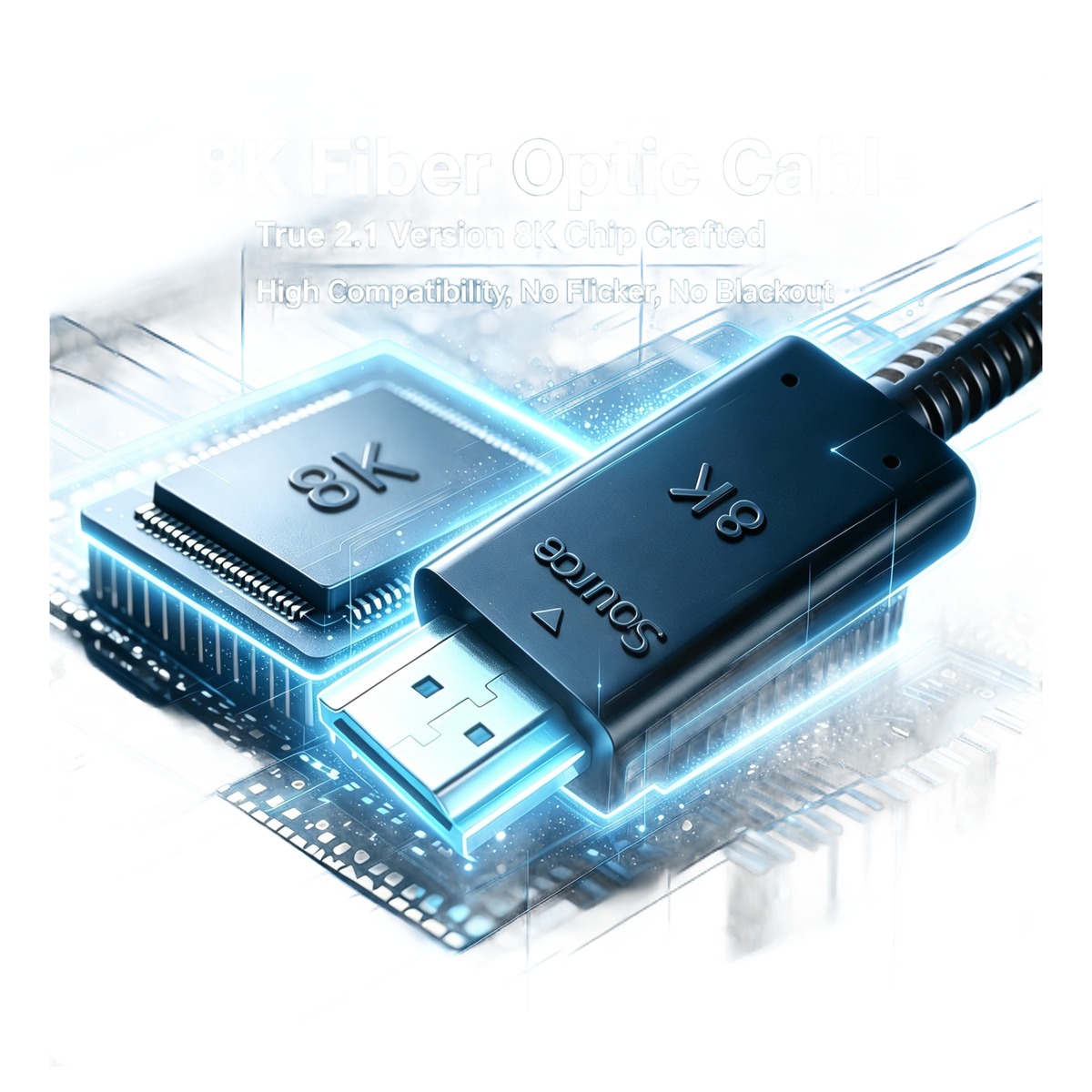 Câble HDMI optique de 20 m en fibre, HDMI 2.1 en 8K à 60 Hz Câble HDMI optique de 20 m en fibre, HDMI 2.1 en 8K à 60 Hz, vue de trois quarts