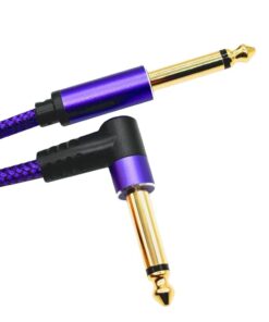 Câble jack jack 6.35 mm violet tressé, une fiche droite et une coudée, vue de trois quarts