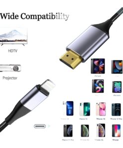 Câble Lightning HDMI tressé de 2 m en gris, image 1080p, vue de face