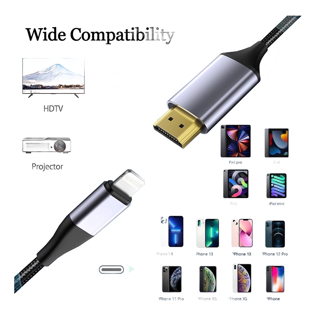 Câble Lightning HDMI tressé de 2 m en gris, image 1080p Câble Lightning HDMI tressé de 2 m en gris, image 1080p, vue de face