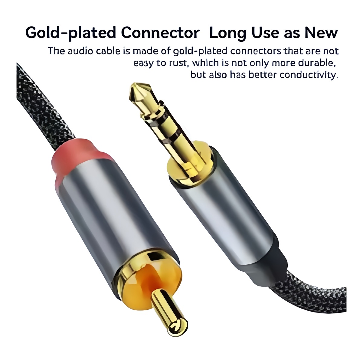 Câble RCA jack 3.5 mm mâle vers deux RCA mâles, de 0,5 à 3 m Câble RCA jack 3.5 mm mâle vers deux RCA mâles, de 0,5 à 3 m, vue de trois quarts