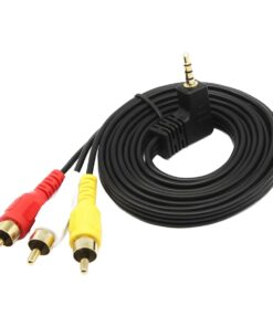 Câble RCA jack 3.5 mm vers trois RCA audio et vidéo, fiche coudée, vue de trois quarts