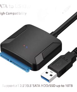 Câble SATA USB 3.0 pour disque 2,5 et 3,5 pouces, alimentation 12 V, vue de trois quarts