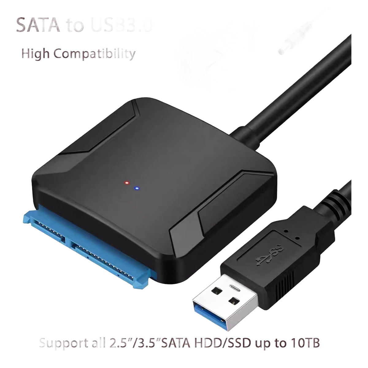 Câble SATA USB 3.0 pour disque 2,5 et 3,5 pouces, alimentation 12 V Câble SATA USB 3.0 pour disque 2,5 et 3,5 pouces, alimentation 12 V, vue de trois quarts