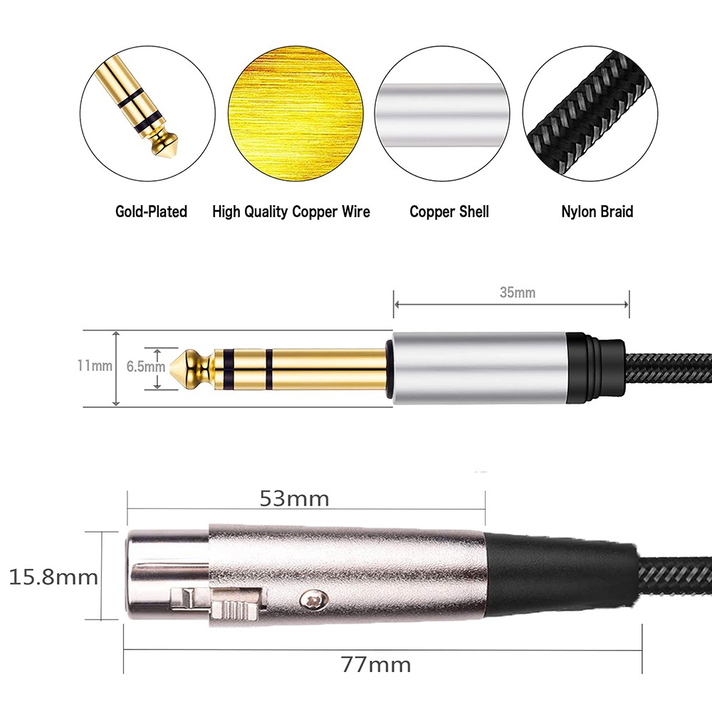 Câble XLR jack 6,35 mm stéréo tressé, fiche XLR femelle ou mâle Câble XLR jack 6,35 mm stéréo tressé, fiche XLR femelle ou mâle, vue de face