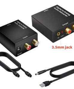 Convertisseur audio numérique analogique, optique vers RCA et jack, vue de trois quarts