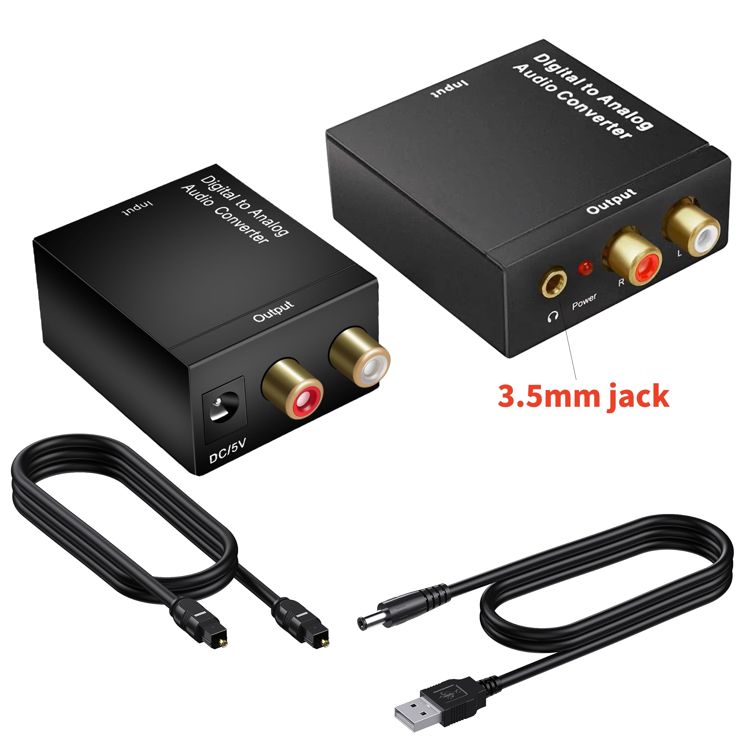 Convertisseur audio numérique analogique, optique vers RCA et jack Convertisseur audio numérique analogique, optique vers RCA et jack, vue de trois quarts