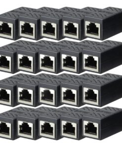 Coupleur RJ45 femelle femelle noir monobloc, câbles Cat5e à Cat7, vue de trois quarts