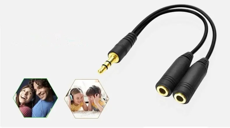 Doubleur jack 3,5 mm stéréo, câble en Y vers deux prises casque Doubleur jack 3,5 mm stéréo, câble en Y vers deux prises casque, vue de trois quarts