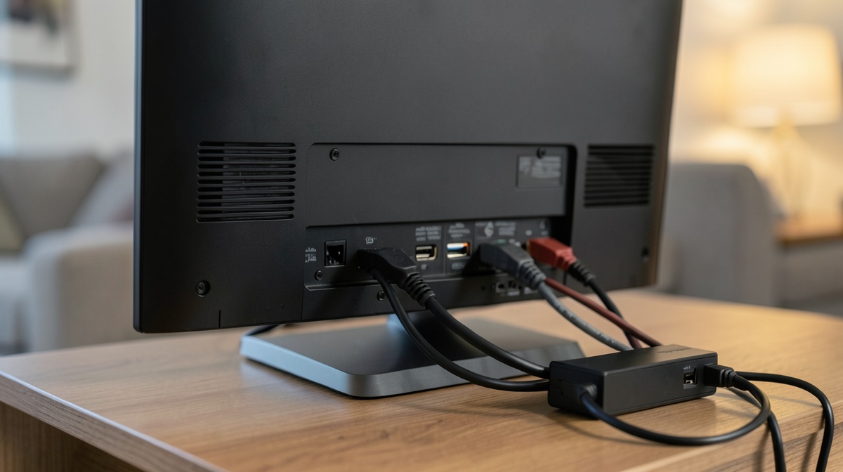 Câbles HDMI branchés à l'arrière d'un téléviseur et petit switch HDMI sur le meuble, chaîne où le HDCP doit être reconnu par chaque appareil
