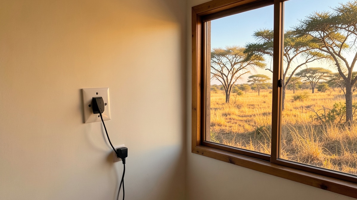 Prise Afrique du Sud : adaptateur de voyage branché sur une prise murale à trois gros trous ronds dans une chambre de lodge