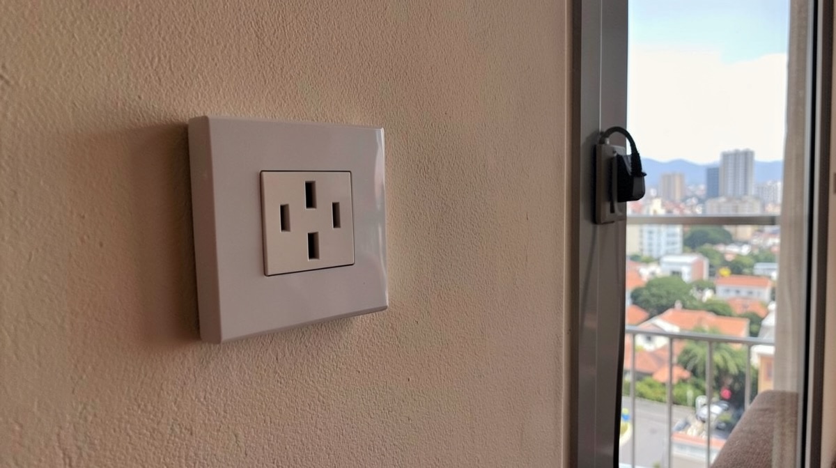 Prise Argentine illustrée dans une chambre d'hôtel avec vue sur la ville et un adaptateur branché