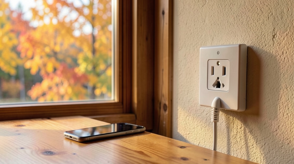 Prise canada à fentes plates sur le mur d'un chalet en automne, un smartphone posé sur la table en bois près de la fenêtre
