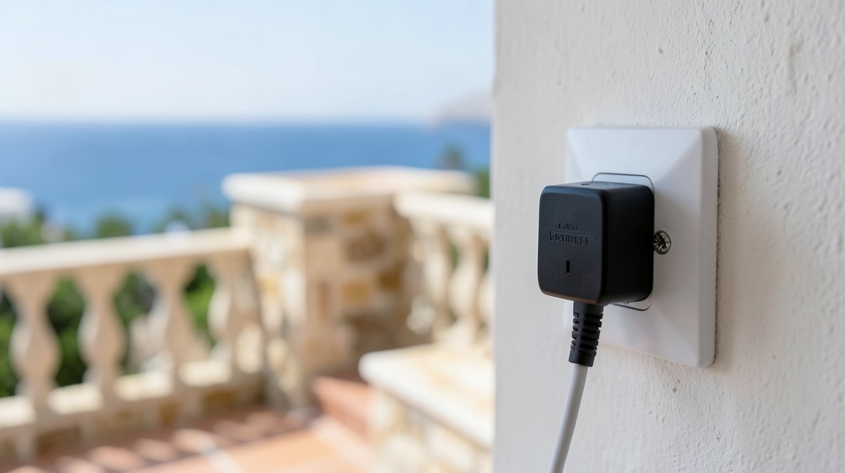 Prise Chypre : adaptateur de voyage branché sur une prise murale anglaise, balcon et mer Méditerranée en arrière-plan