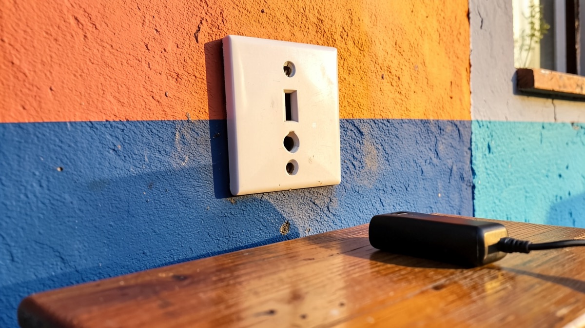 Prise Colombie illustrée sur un mur peint de couleurs vives, chargeur de téléphone posé sur une table en bois