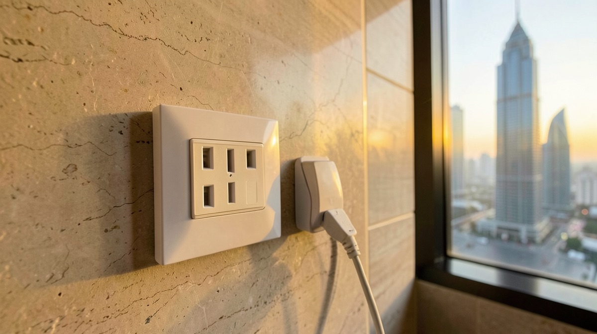 Prise Dubai sur le mur en pierre d'une chambre d'hôtel, fiche branchée à côté, gratte-ciel au coucher du soleil derrière la fenêtre