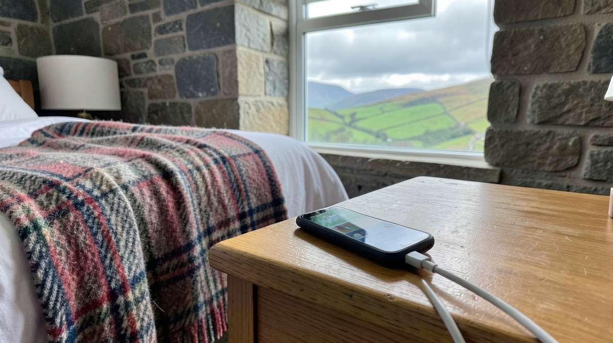 Prise Écosse : téléphone en charge sur une table de chevet dans une chambre de cottage écossais en pierre, plaid écossais et vue sur les Highlands
