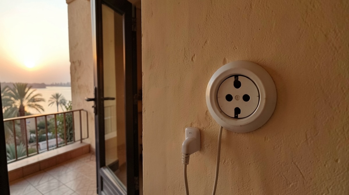 Prise Égypte : chargeur branché sur une prise murale à deux trous ronds dans une chambre d'hôtel ouverte sur le Nil
