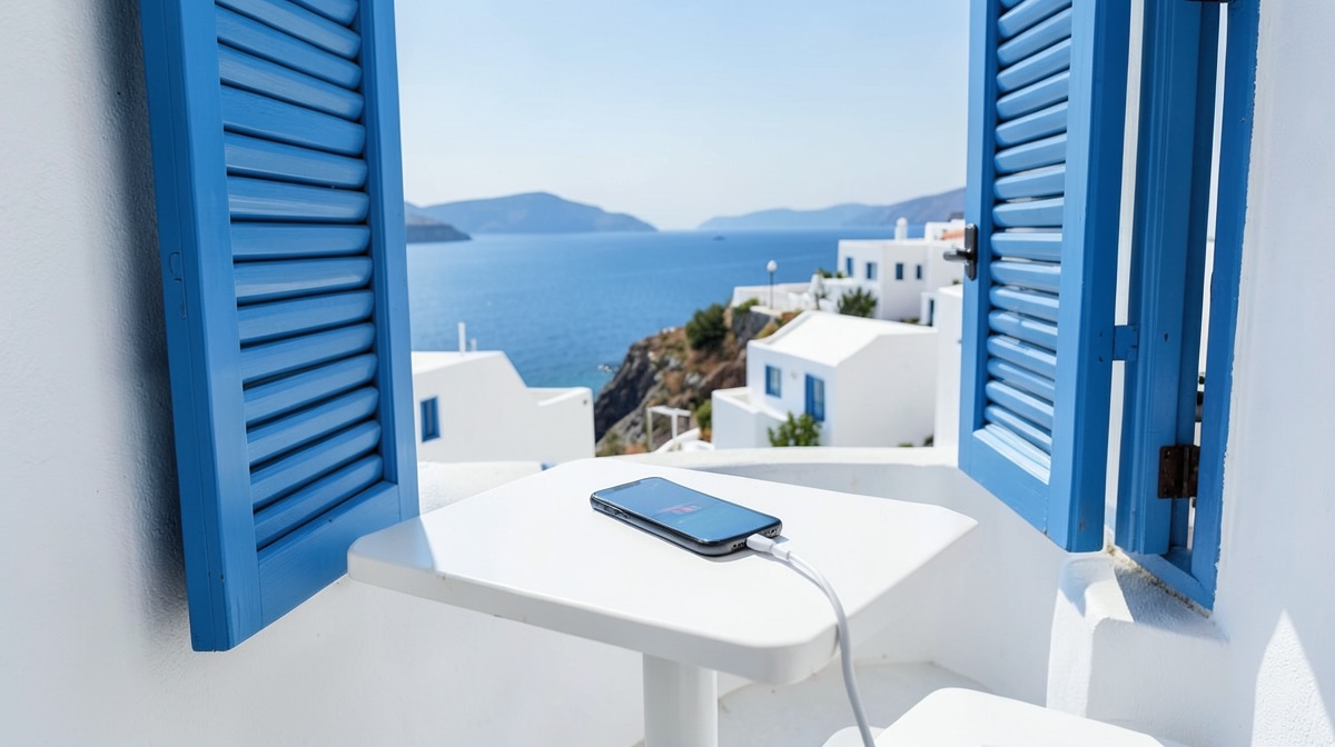 Prise Grèce : téléphone en charge sur une table blanche d'un balcon d'hôtel dans les îles grecques, volets bleus et mer Égée