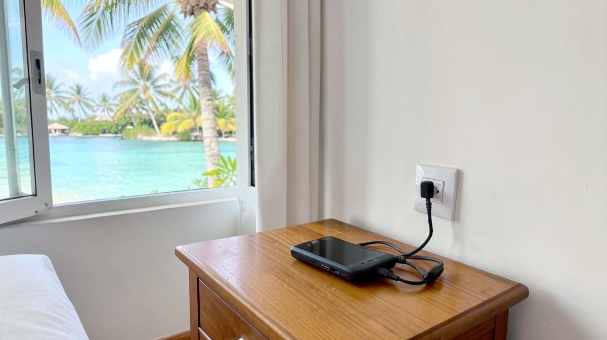 Prise île Maurice : chargeur de téléphone branché à une prise murale d'une chambre d'hôtel avec vue sur le lagon