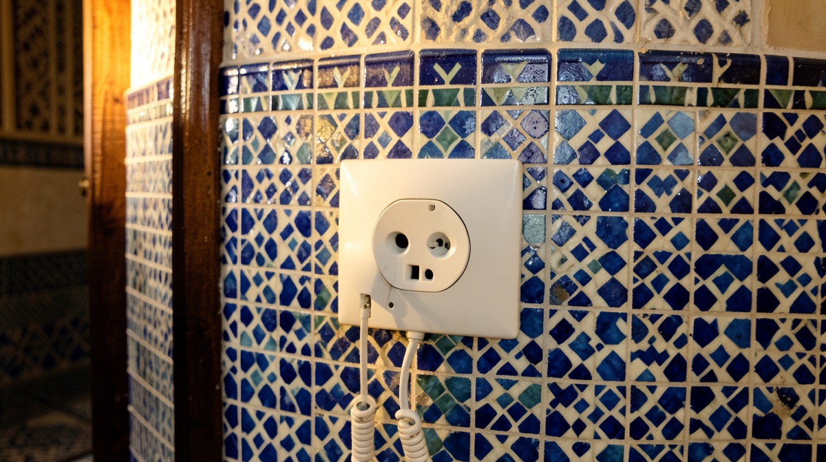 Prise Maroc : chargeur de téléphone branché sur une prise murale à deux trous ronds dans une chambre de riad au mur en zellige