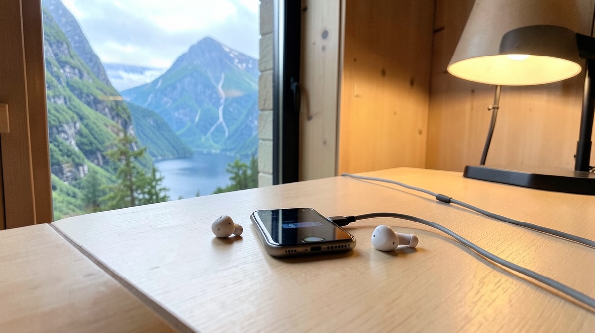 Prise Norvège : téléphone et écouteurs en charge sur un bureau en bois clair d'une cabane, fenêtre ouverte sur un fjord norvégien
