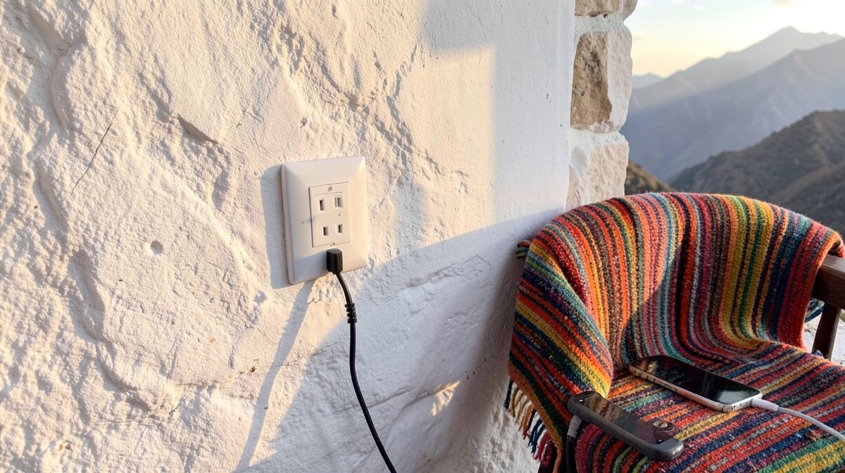 Prise Pérou : prise murale à broches plates sur un mur blanchi à la chaux, montagnes des Andes en arrière-plan