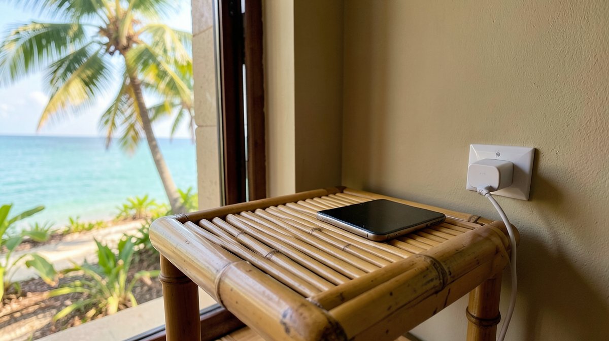 Prise Philippines : smartphone en charge sur une table de chevet en bambou dans un bungalow de plage, adaptateur de voyage branché au mur