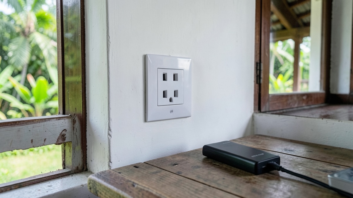 Prise Sri Lanka sur le mur blanc d'une maison d'hôtes ouverte sur un jardin tropical, batterie externe posée sur une table en bois