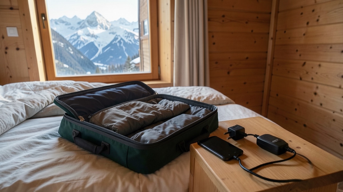 Prise suisse en voyage : valise ouverte dans un chalet face aux Alpes, adaptateur de voyage et smartphone posés sur la table de chevet