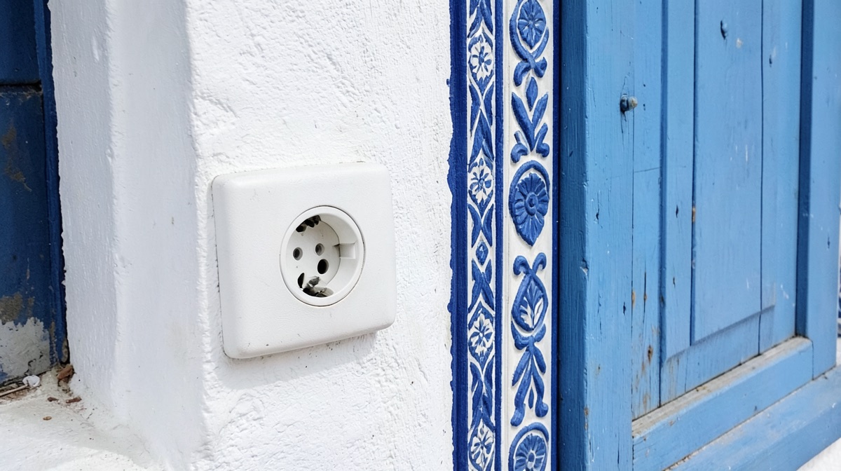 Prise Tunisie : prise murale ronde européenne sur un mur blanc à côté d'un volet bleu sculpté