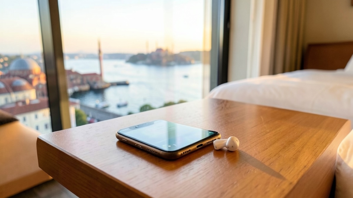 Prise Turquie : téléphone et écouteurs en charge sur une table de chevet d'hôtel à Istanbul, vue sur le Bosphore au coucher du soleil