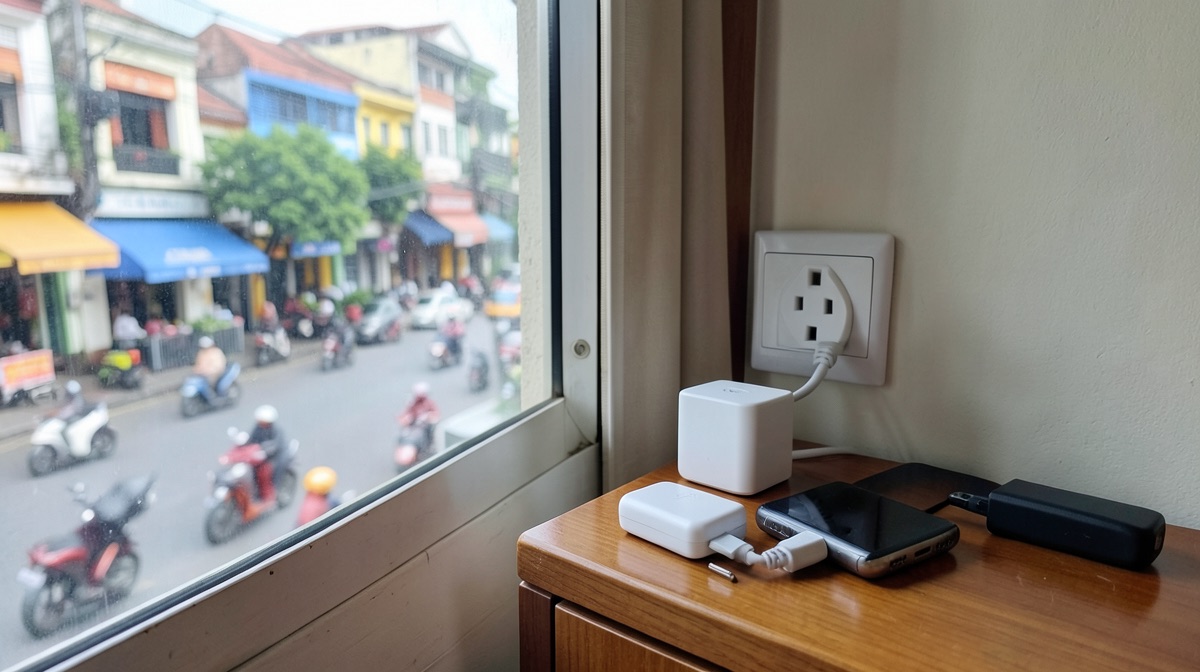 Prise Vietnam dans une chambre d'hôtel de Hanoï, adaptateur de voyage, chargeur et téléphone posés sur la table de chevet