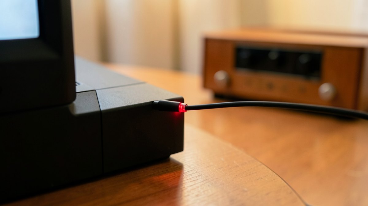 Sortie optique TV : câble optique à la lumière rouge branché à l'arrière d'une télévision, chaîne hifi en bois en arrière-plan